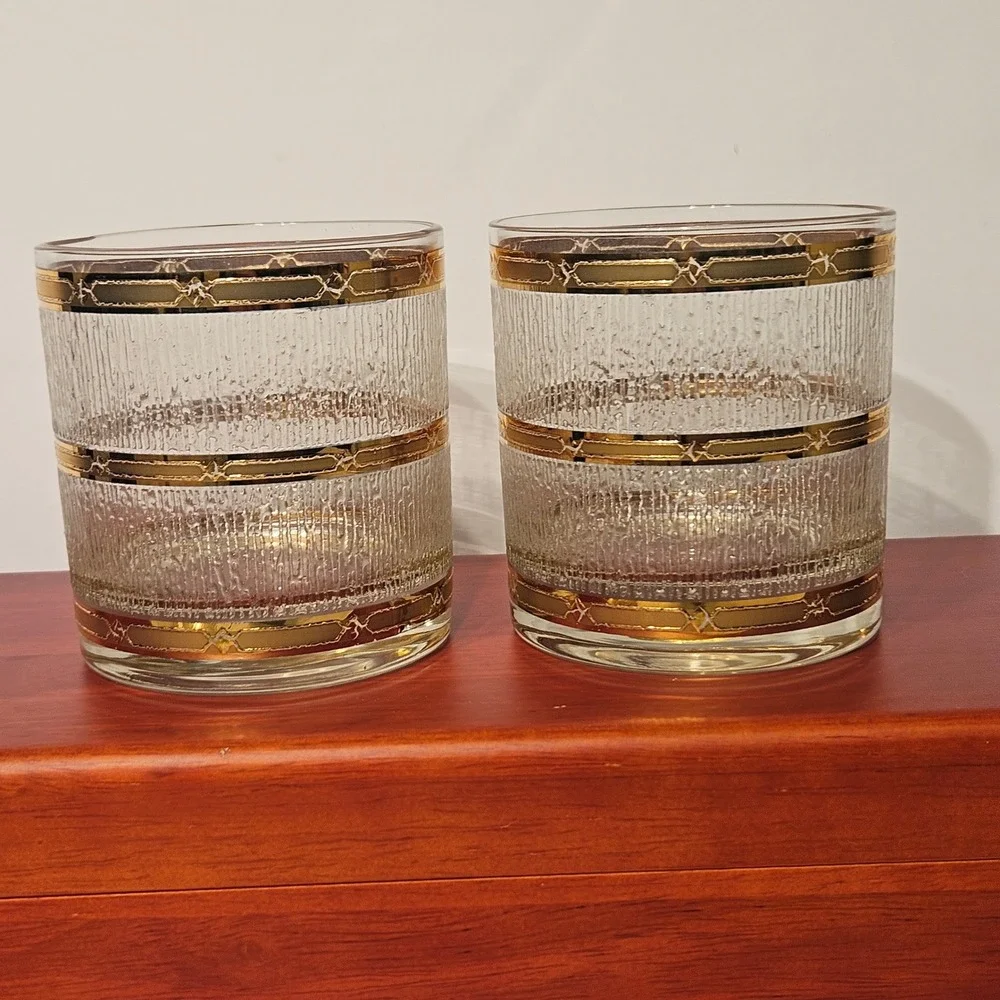 Vintage MCM Gold Banded Bark Textured Whiskey Lowball Glasses Set‎ of 2 Rocks